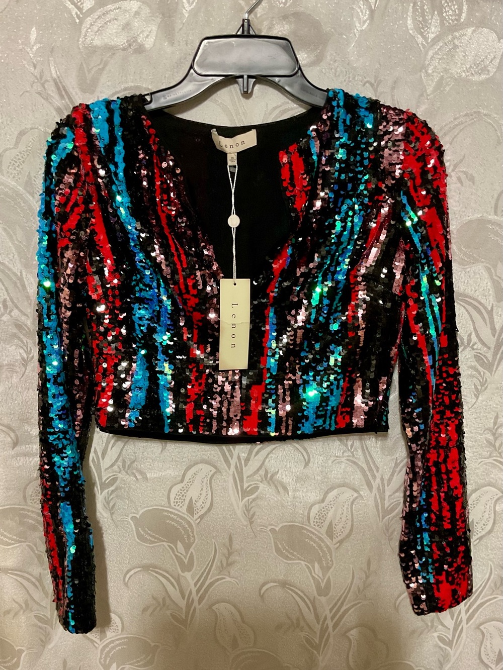 Lenon Dazzler Multicolor Sequin Crop Top Long Sleeve V- Neck Size S